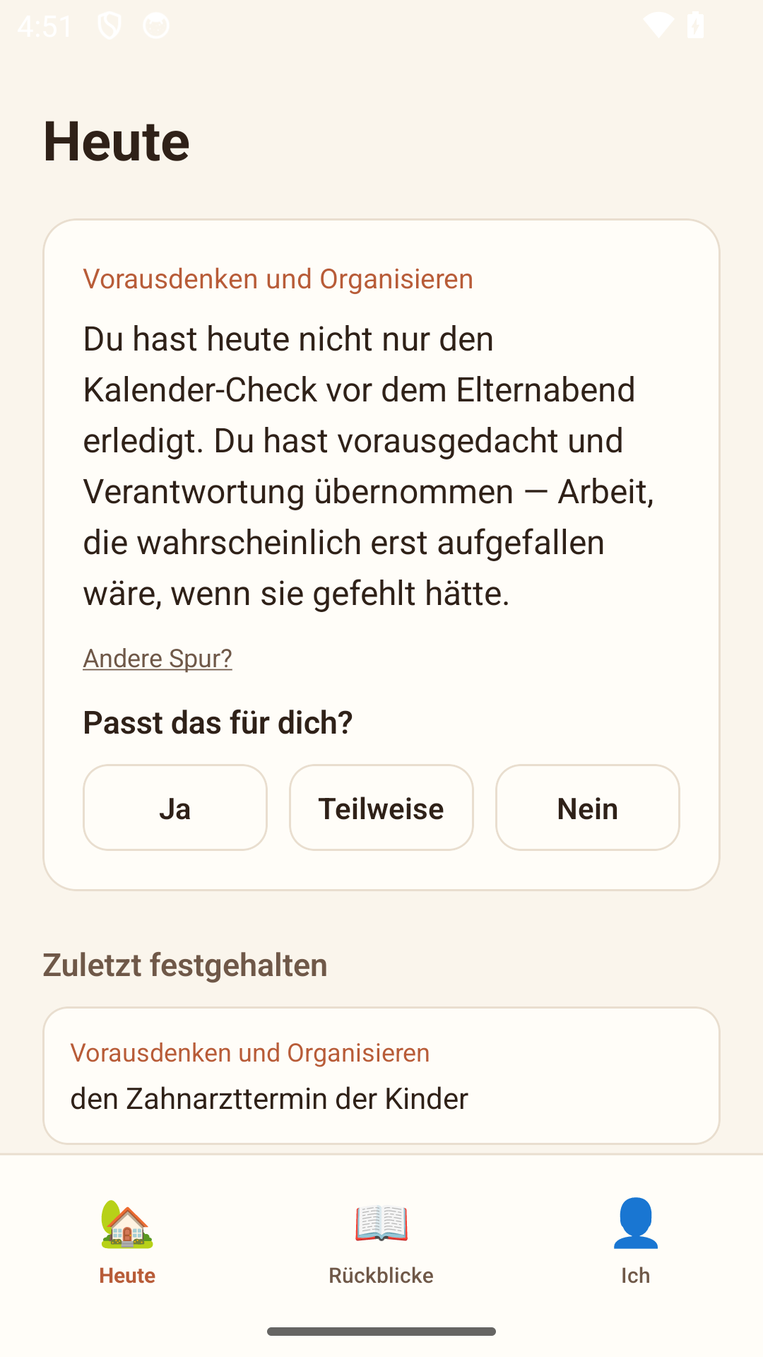Laressa Heute-Screen — Moment festhalten und Spiegelung