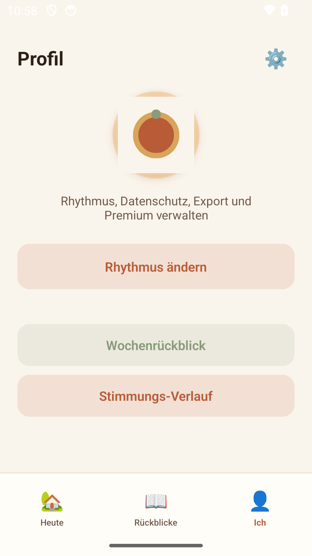 Laressa Ich-Screen — Rhythmus, Datenschutz, Export und Premium verwalten